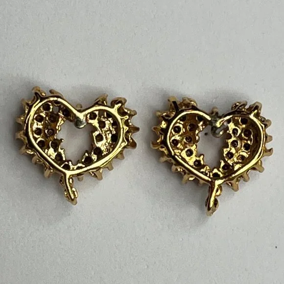 Vintage Gold Heart-Shaped Rhinestone Earrings Stud Jewelry - Picture 6 of 6